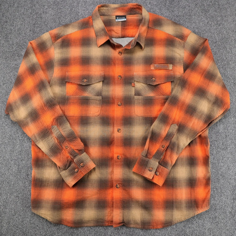 Columbia PFG XL Orange Plaid Long Sleeve Button Down Fishing Shirt Mesh Vent